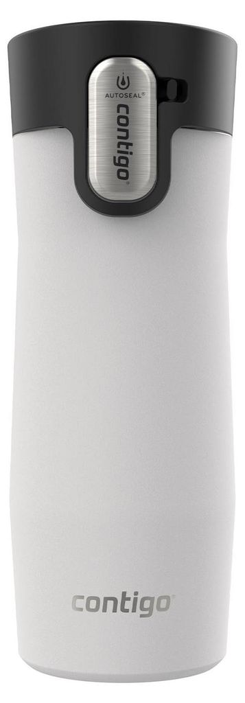 A white Contigo travel mug with a black lid and silver button.