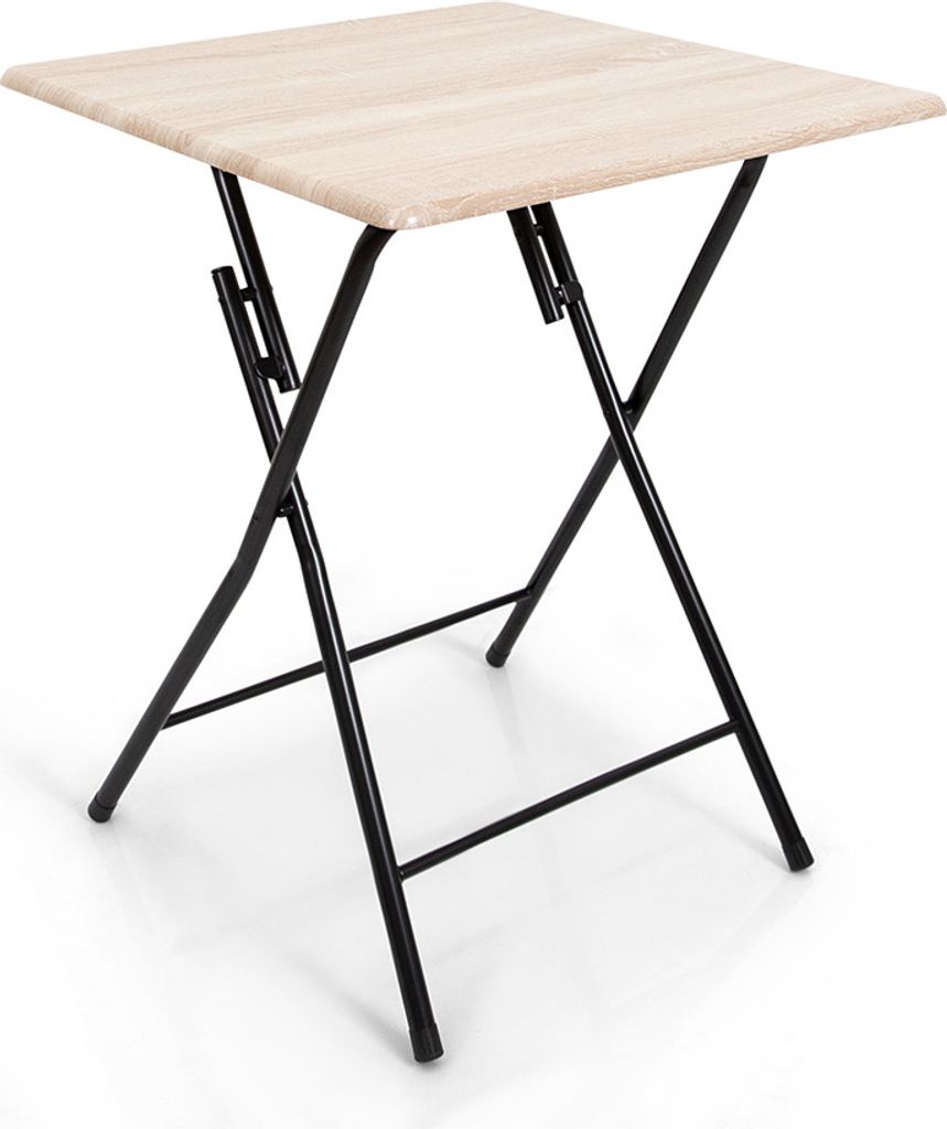 A square folding table with a wood-grain top and black metal legs, isolated on a white background.