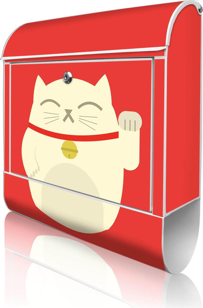 banjado Design Briefkasten Stahl weiß mit Zeitungsfach pulverbeschichtet "Manekineko" 38x46x12,5cm & 2 Schlüssel - Postkasten A4 Einwurf inkl. Mo...