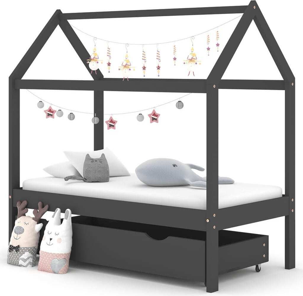 "im Angebot" Kinderbett mit Schublade Dunkelgrau Massivholz Kiefer 70x140 cm - Kinderbetten CC9780