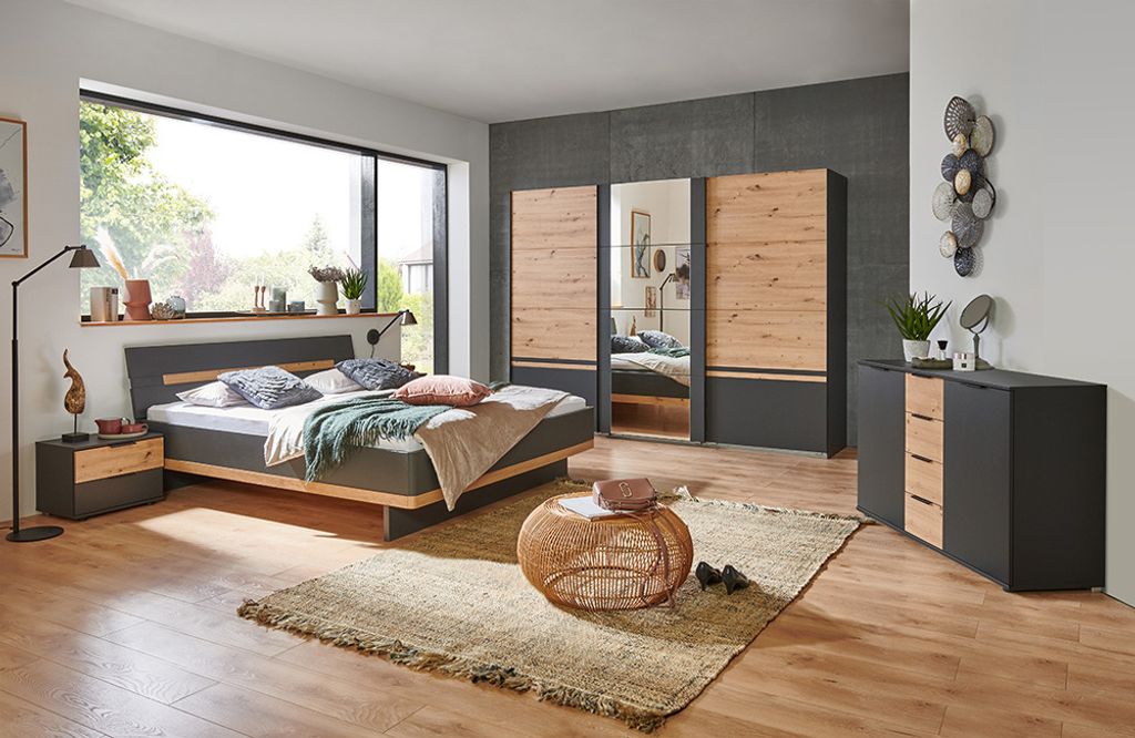 Schlafzimmer Komplett Set GRANADA-43 mit Bett 180x200cm und Schwebetürenschrank in graphit mit Artisan Eiche Nb.