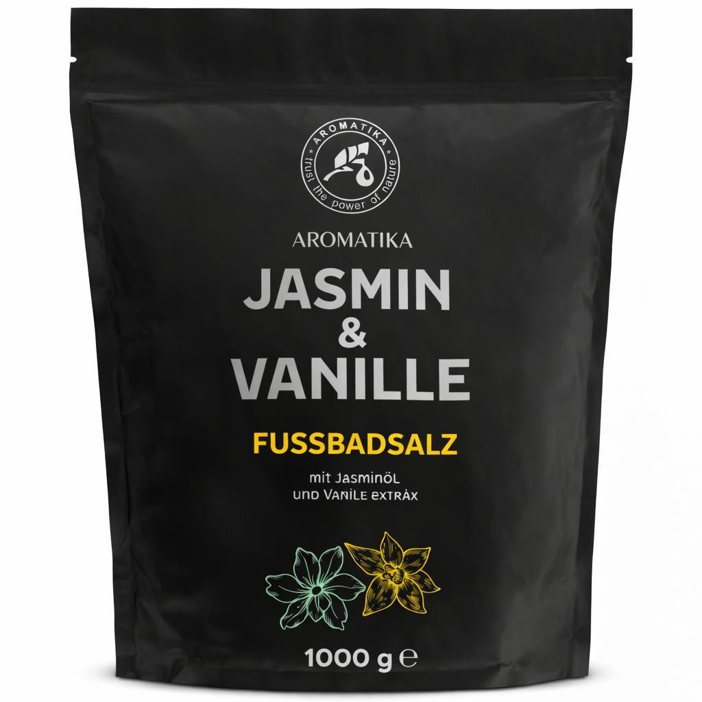 Fußbadesalz Jasmin - Vanille 1000g - Pediküre Fußbadesalz - Fußbad Zusatz mit ätherischem Jasminöl und Vanille-Extrakt - Naturreinem Meersalz
