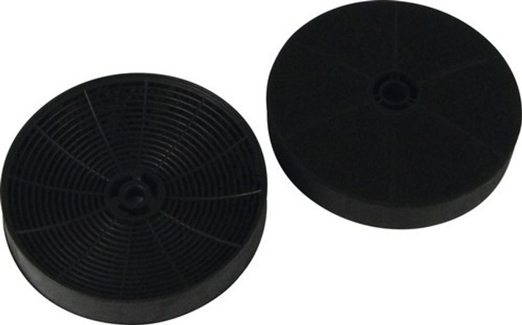 Two round, black charcoal filters for a range hood, displayed against a white background.