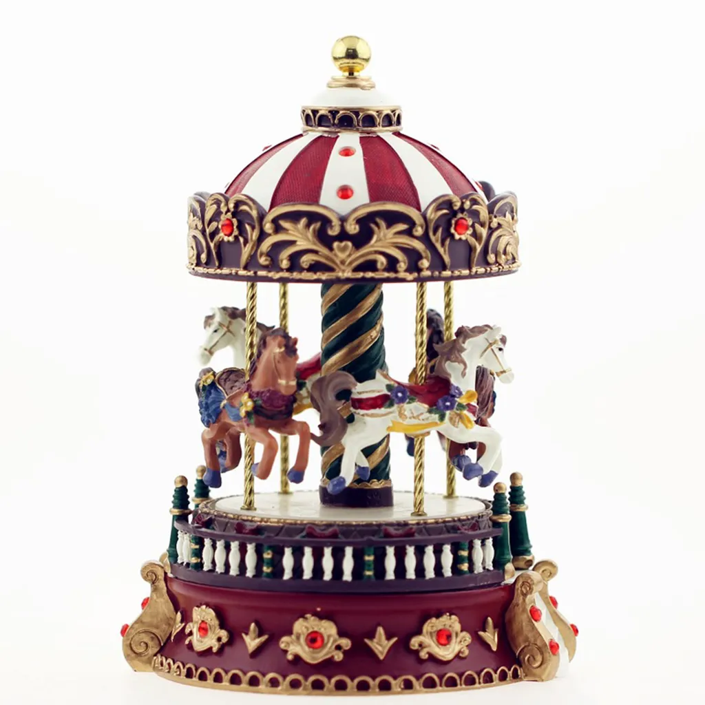 Boîte à musique carrousel en résine - Décoration de Noël - 11x11x14,5 cm