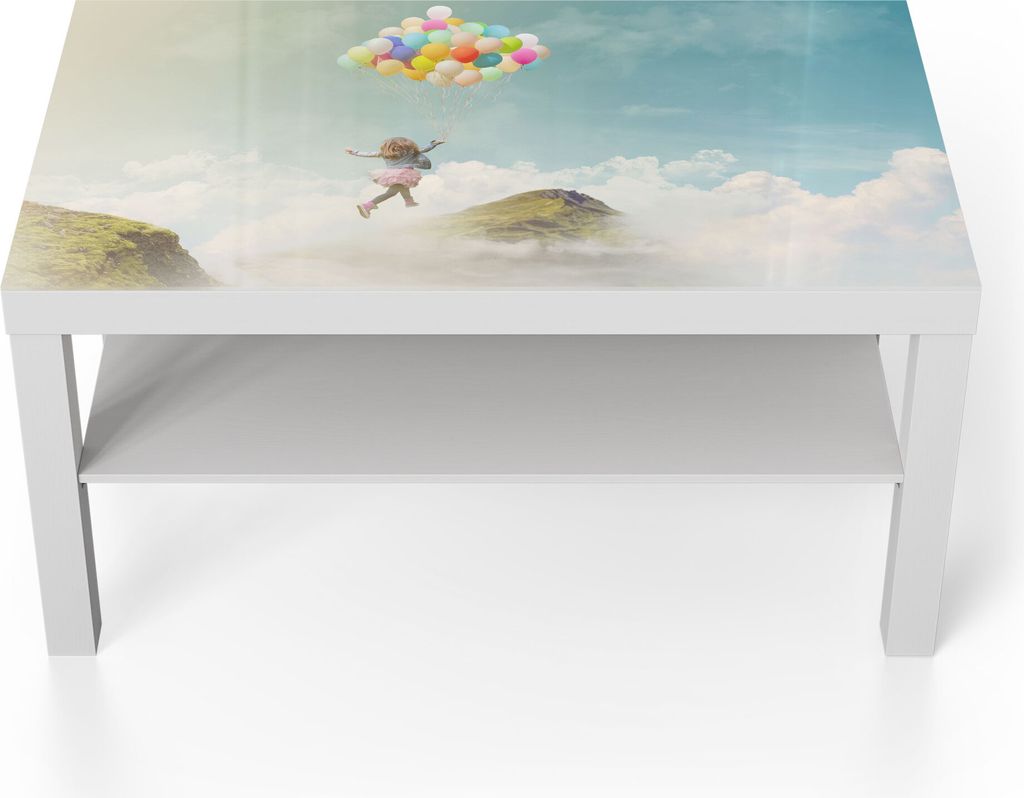 DEQORI Couchtisch 90x55 cm Weiß 'Mädchen an Luftballons' Glas Beistelltisch