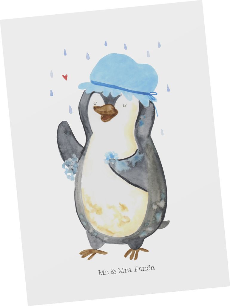 Mr. & Mrs. Panda Fotokarte Pinguin Duschen - Weiß - Geschenk, Dusche, Ansichtskarte, Postkarten, Postkarte, Ansichtskarten, Pinguine, bildkarte, S...