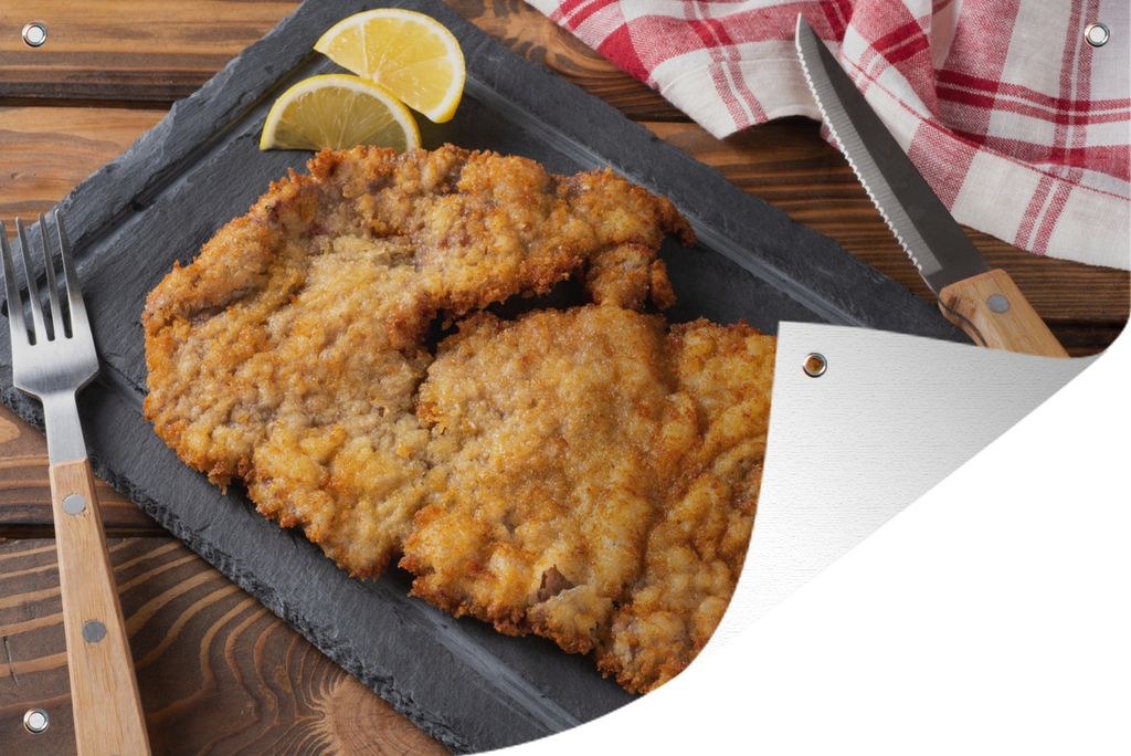 MuchoWow 120x80 cm Outdoor-Poster Gartendeko Sichtschutz Garten Poster für den Garten Schnitzel auf einem Teller mit Besteck