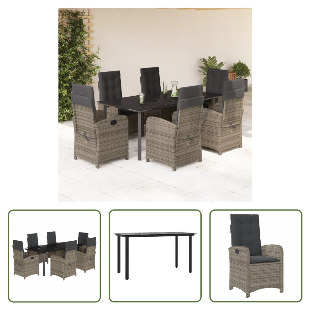 The Living Store 7-tlg. Garten-Essgruppe mit Kissen Grau Poly Rattan