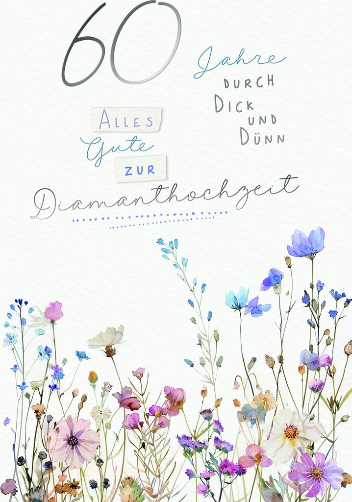 Diamanthochzeit 60. Hochzeitstag Karte mit Briefumschlag Blumen mit Silberfolie