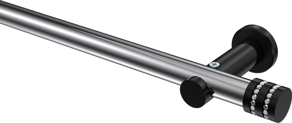 Interdeco Gardinenstange / Vorhangstange Chrom / Schwarz, Typ Platon Estana (Glitzerkappe) ohne Ringe, 20 mm Ø 1-läufig, 260 cm