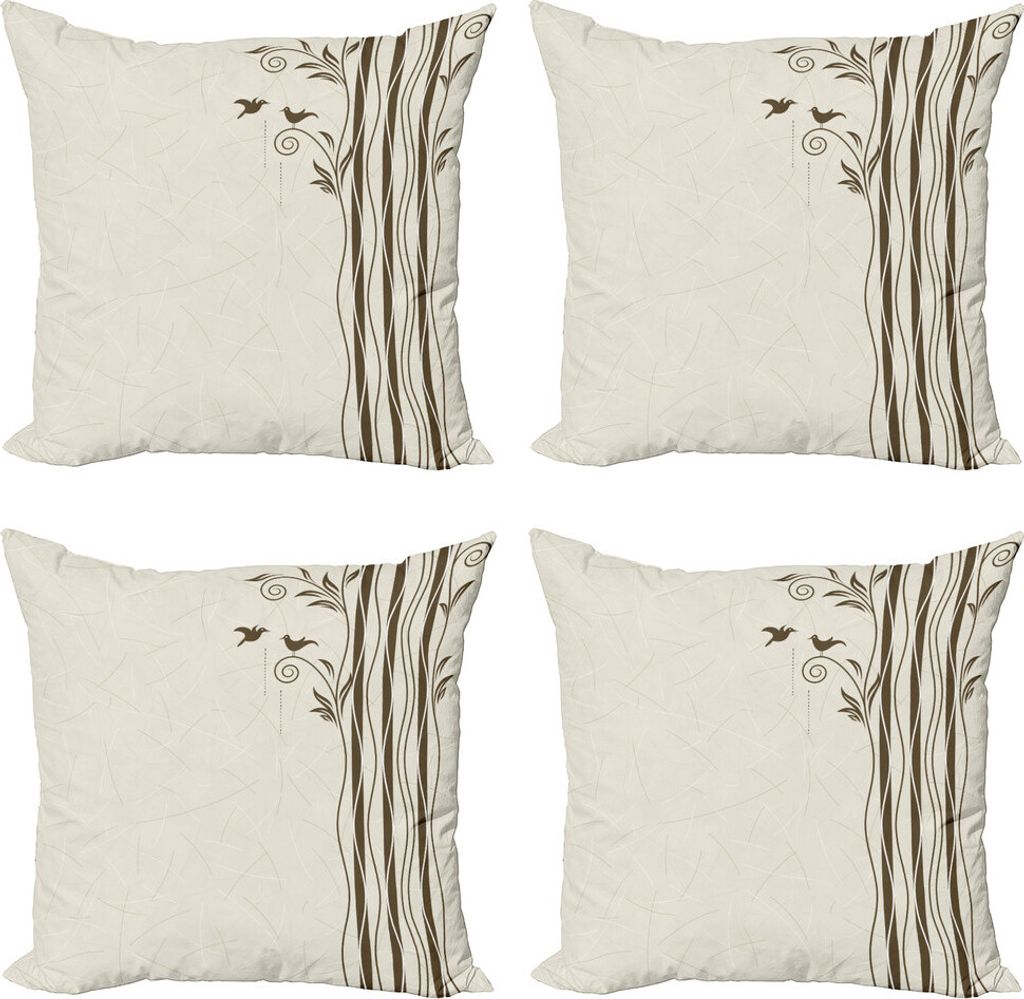 ABAKUHAUS Natur Kissenbezug Set (4 Stück), Wellenförmige Baumzweige Vögel, Moderner Doppelseitiger Digitaldruck, 60 cm x 60 cm, Eischale Brown