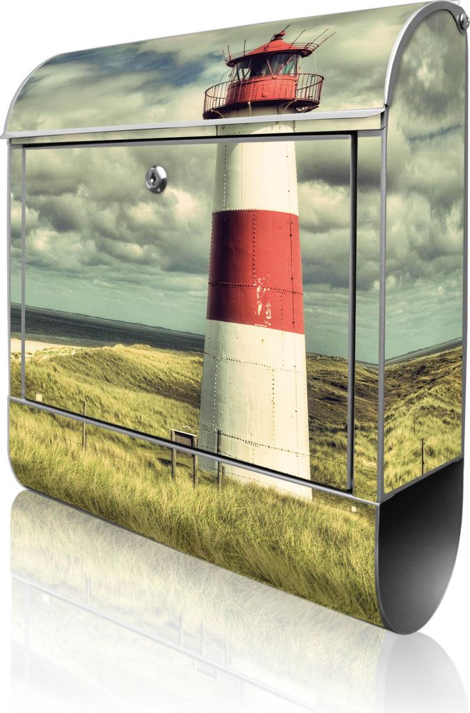 banjado Design Briefkasten Stahl silber mit Zeitungsfach pulverbeschichtet "Leuchtturm Sylt" 38x46x12,5cm & 2 Schlüssel - Postkasten A4 Einwurf in...