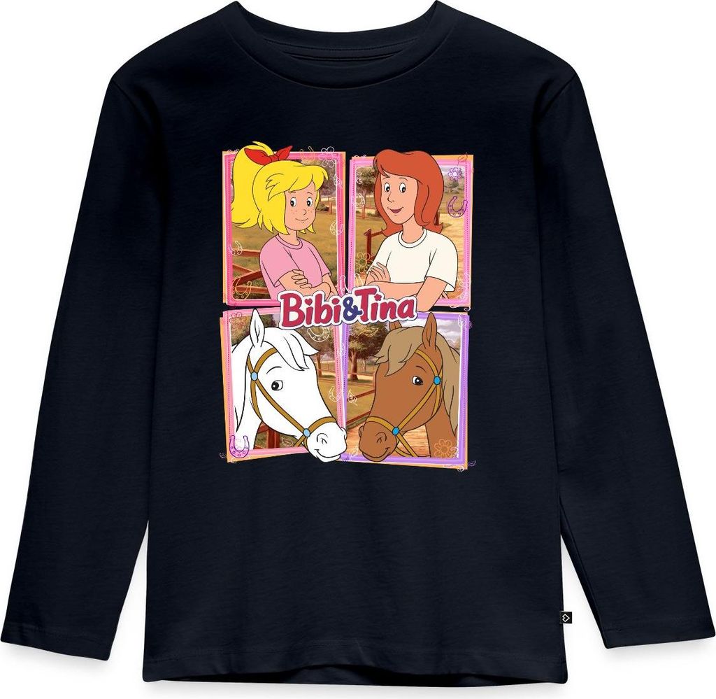 Spreadshirt Bibi Und Tina Mit Amadeus Und Sabrina Kachelmotiv Kinder Premium Langarmshirt, 98/104 (2 Jahre), Navy