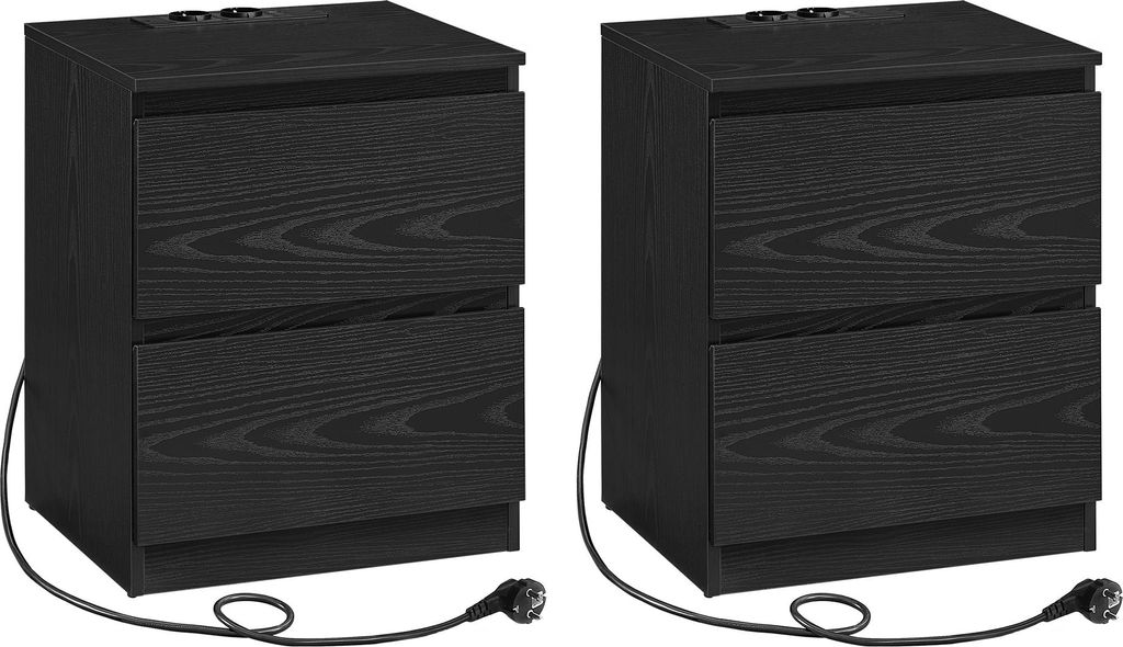 Two identical black bedside tables with two drawers each, shown from the front on a white background.
