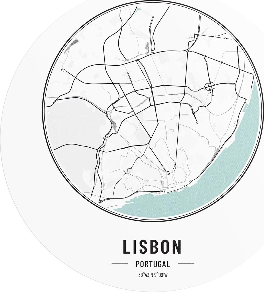 DEQORI Fototapete rund Ø 120 cm 'Stadtplan Lisbon' Wand Tapete Leinwand Sticker