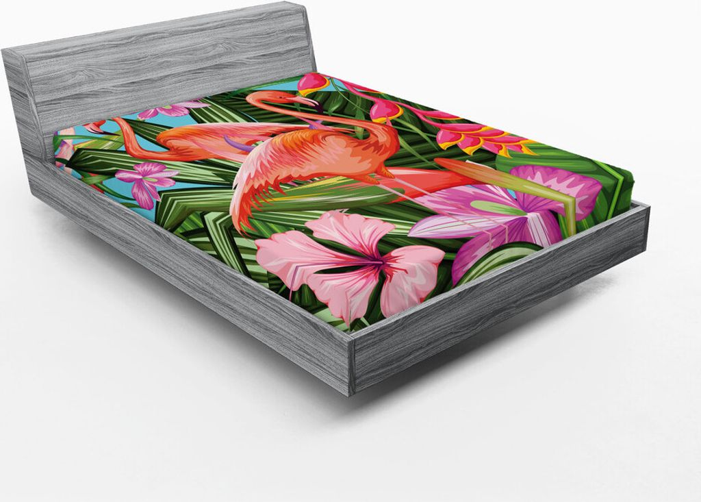 ABAKUHAUS Flamingo Spannbetttuch, Illustration Des Flamingos Mit Tropischer Garten Hibiscus Blumen BetriebsVintage, 180 x 200 cm, Grün Blau Rosa