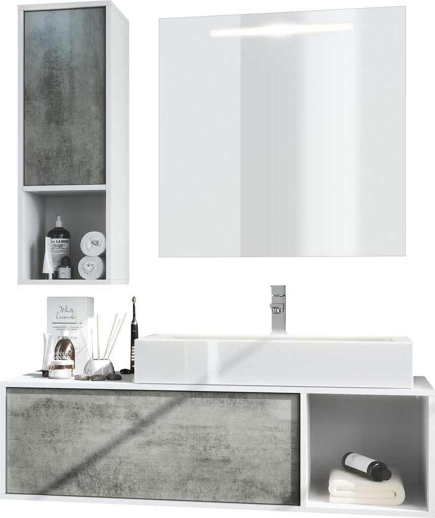 Vladon Badmöbel Komplettset La Costa, Germany, Korpus in Weiß matt / Fronten in Beton Dunkel Optik, mit Aufsatzwaschbecken, Armatur und LED Spiegel
