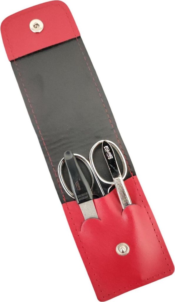 Solingen* Maniküre Set im Lederetui – Germany – Nagelschere, Saphirnagelfeile (grob/fein), Pinzette zur Nagelhautpflege – Echtes Leder Rot