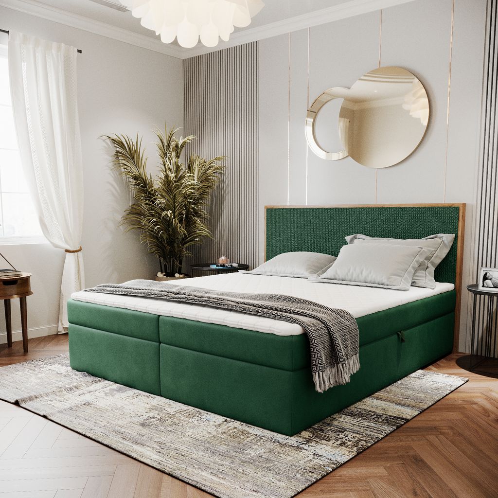 Boxspringbett FOREST mit Bettk sten und Topper Polsterbett elegante Kopfst tze Bett mit Karomusterpr gung Doppelbett mit Matratze Stauraum Schlafzi...