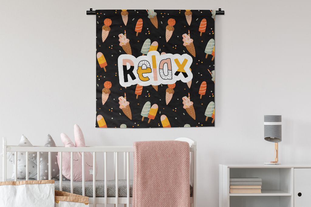 MuchoWow Wandteppich Wandbehang Sommer - Schwarz - Eiscreme 90x90 cm Tapisserie Dekoration Wandtuch - Wandaufhänger