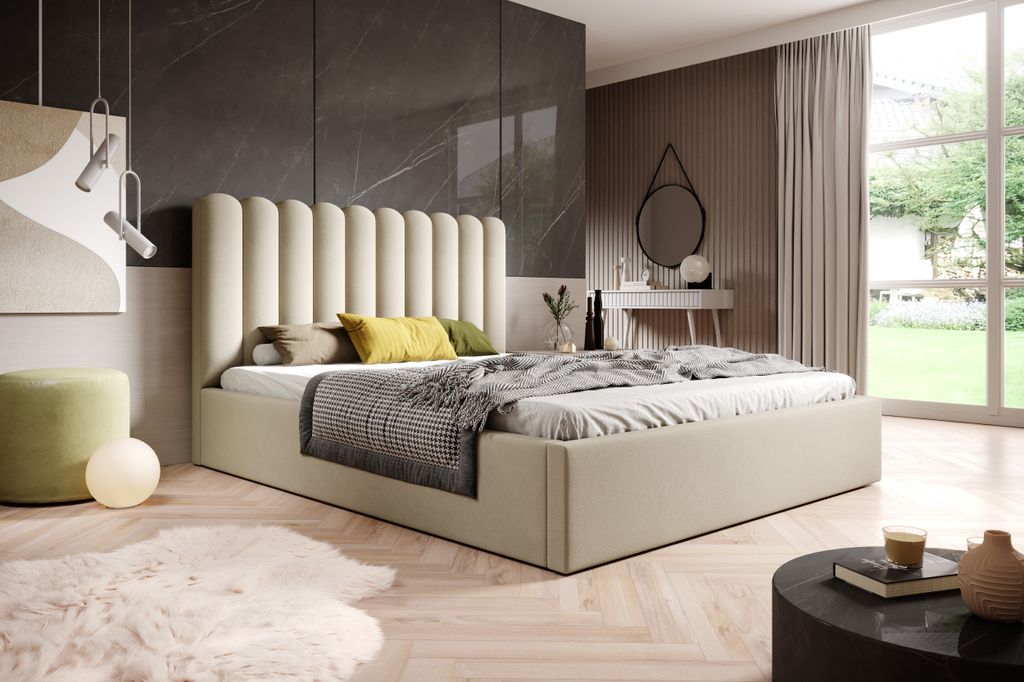 BESILIO Bett mit hohem Kopfteil für Schlafzimmer 200x200 Lumi - Lattenrost mit Bettkasten - Beige & Magic Velvet 2201