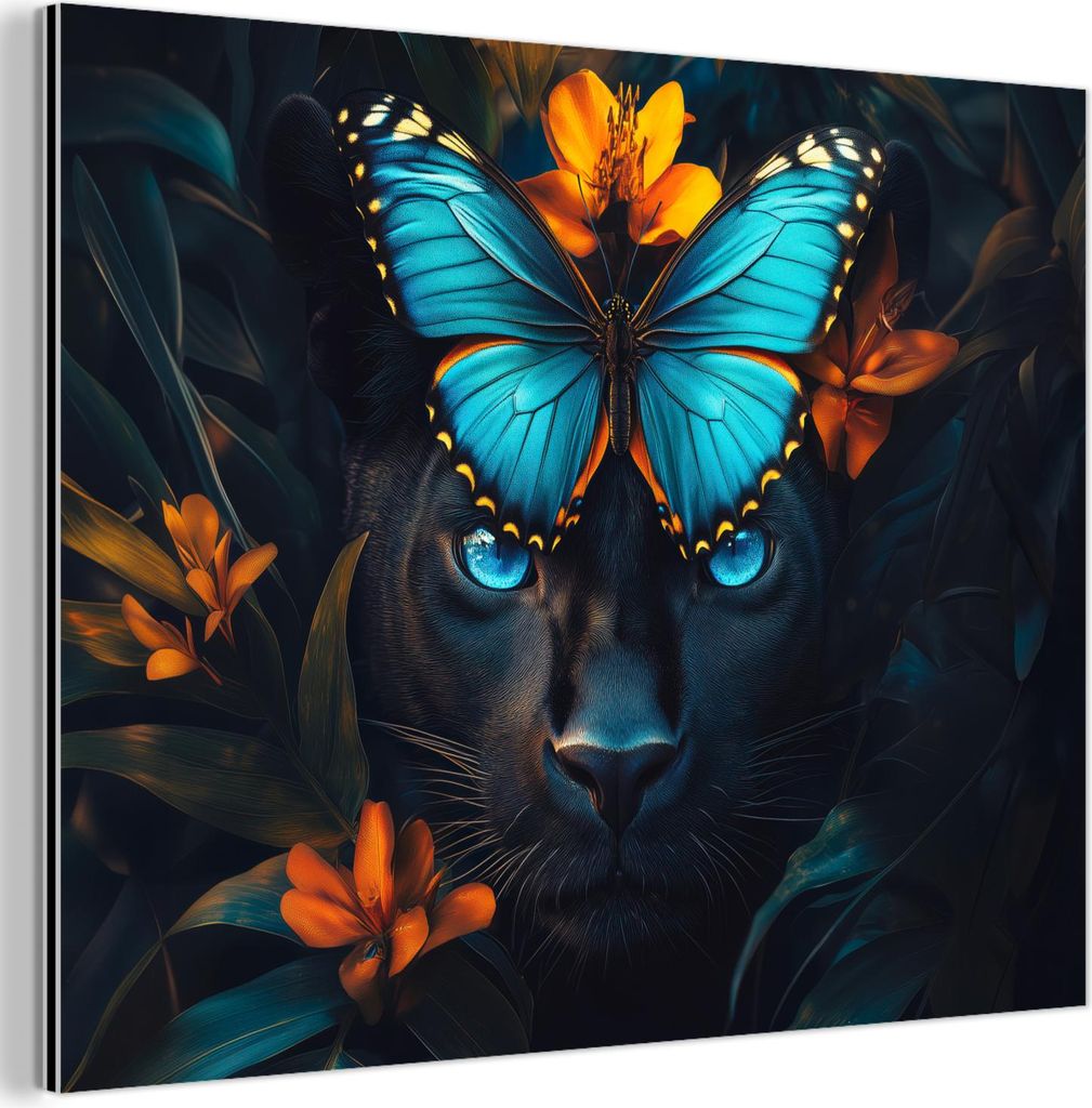 MuchoWow Wanddekoration Metall Metallbild Wandkunst 80x60 cm Panther - Schmetterling - Blau - Blumen - Natur MuchoWow Aluminium Gemälde - Alubild