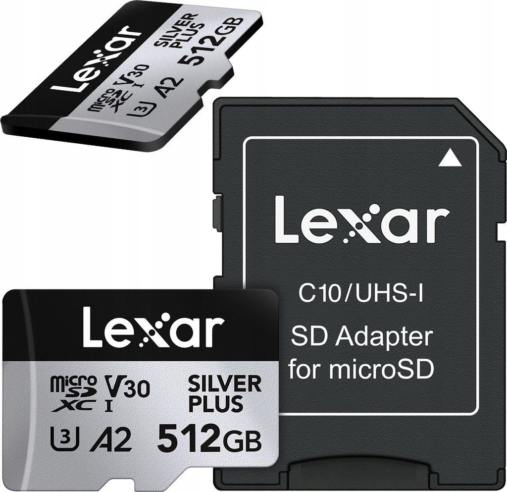 A Lexar microSD card and an SD adapter are displayed against a white background.