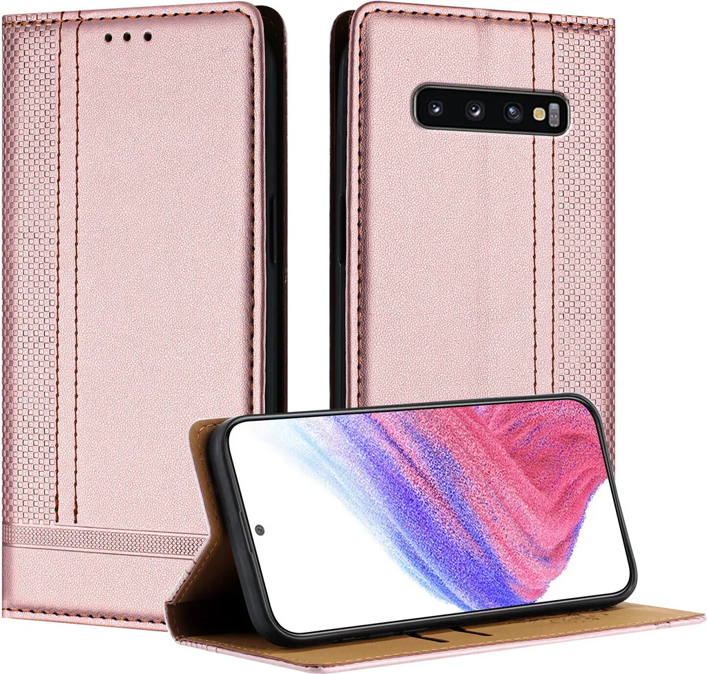 Custodia Antiurto Samsung S10 Rosa Pelle Flip Cover con Supporto