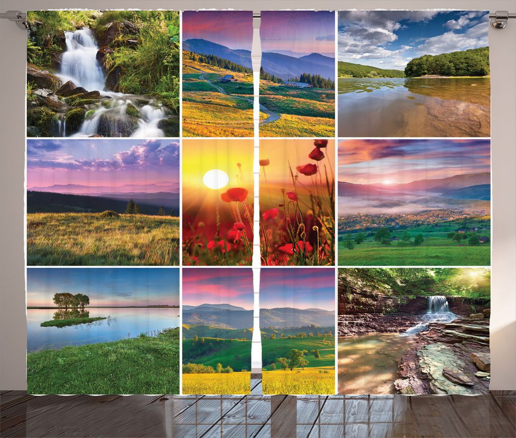 ABAKUHAUS Natur Rustikaler Gardine, Sommer Home Landschaft, Schlafzimmer Kräuselband Vorhang mit Schlaufen und Haken, 280 x 245 cm, Gelb Grün Rot