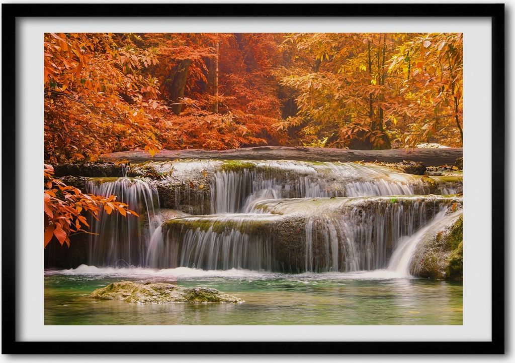 Bild - Bilder - Bilderrahmen - 70 cm x 50 cm - MDF-Rahmen, Wandkunst Wasserfall im Herbst