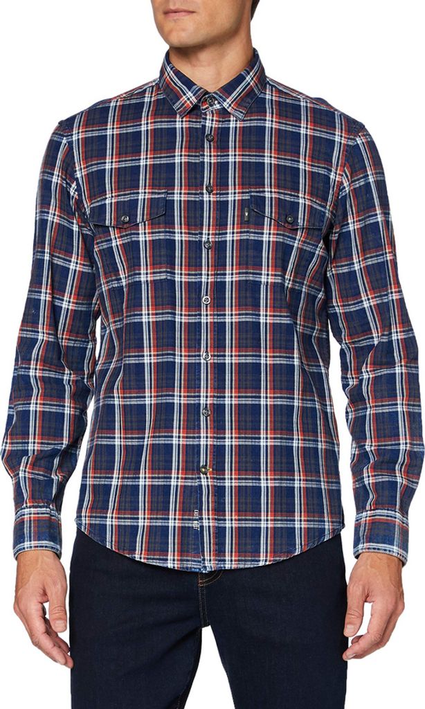 26130 Camel Active, , Herren langarm Hemd, dünnes Flanell, blau rot weiß kariert, M