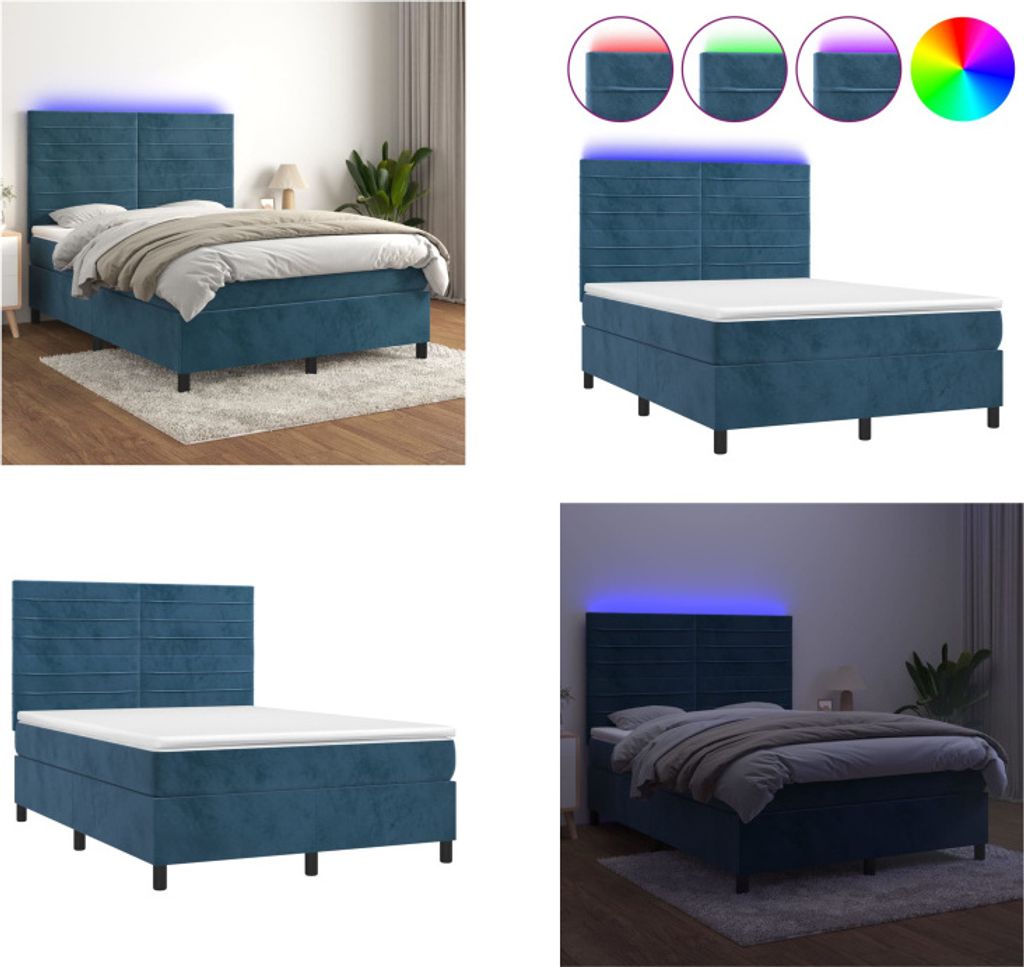 vidaXL Boxspringbett mit Matratze & LED Dunkelblau 140x200 cm Samt - Boxspringbett - Boxspringbetten - Bett - Betten