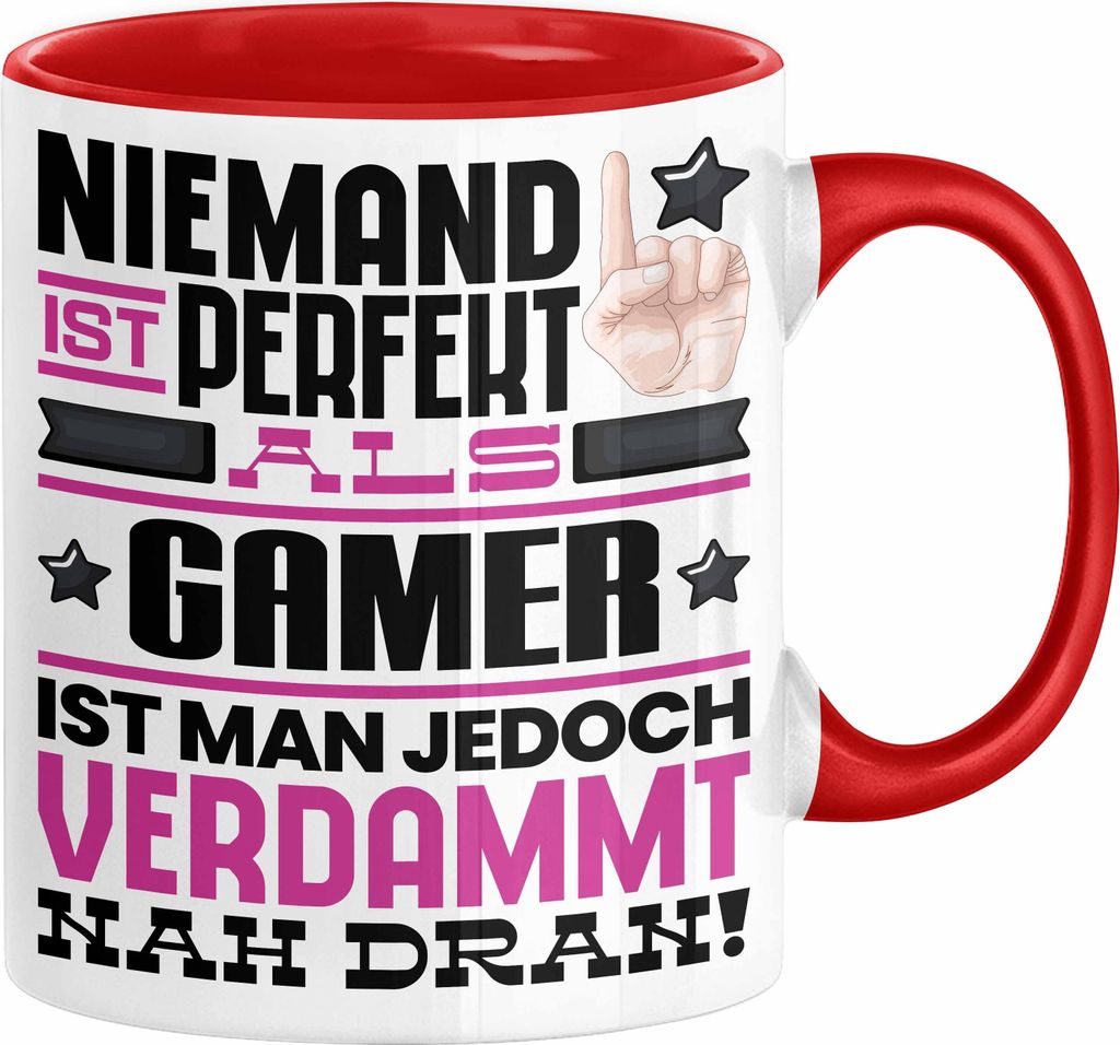 Gamer Geschenk Tasse Lustige Geschenkidee für Gamer Geburtstag Kaffee-Becher Niemand Ist Perfekt Aber Als Gamer Ist Man Nah Dran (Rot)