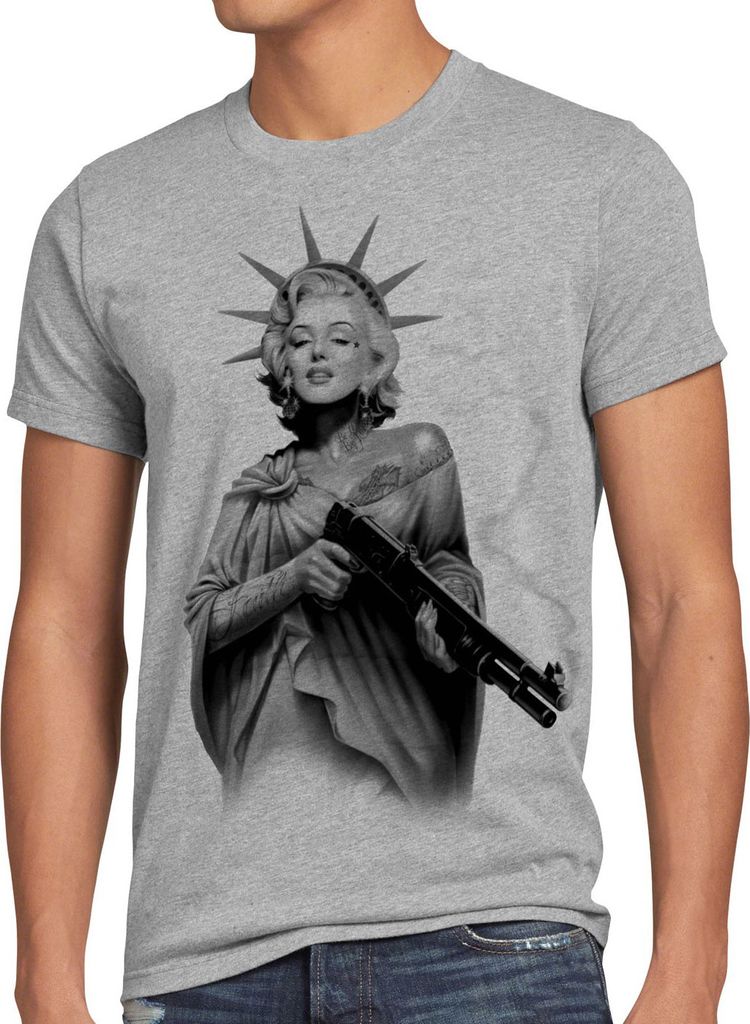style3 Marilyn Liberty Tattoo T-Shirt Herren freiheitsstatue USA new york, Größe:5XL, Farbe:Grau meliert