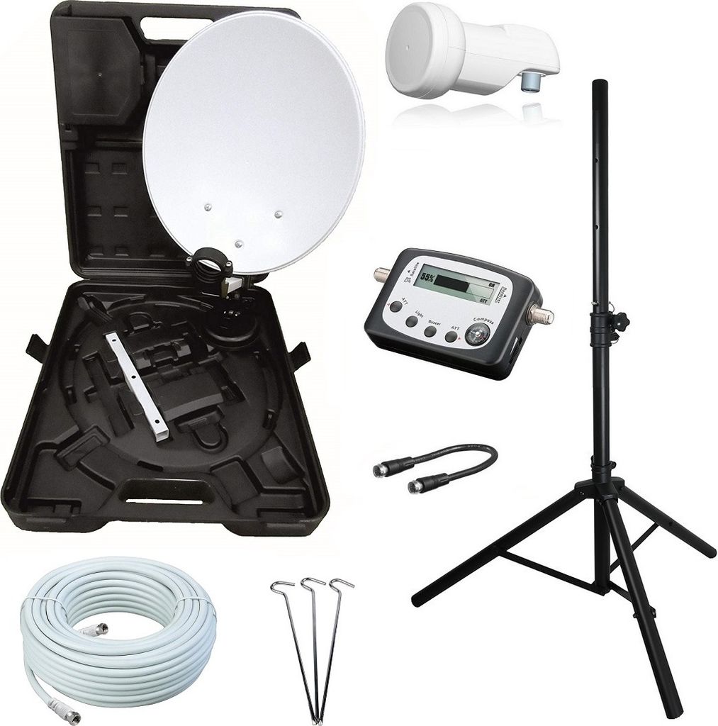 Camping SAT Koffer Schüssel mit HD single LNB und 10m Kabel + Digital SAT-Finder + Dreibein Stativ bis 100cm (mobile Sat Anlage 1 Teilnehmer)