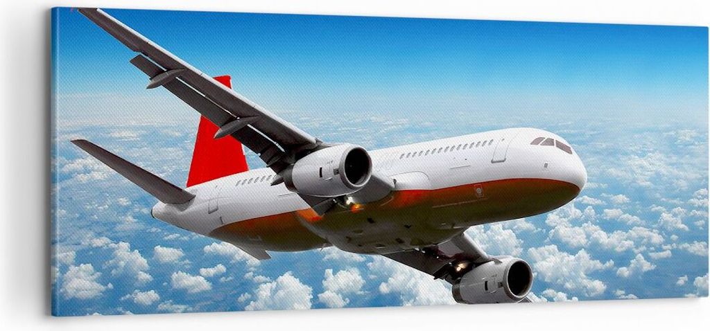 Bild auf Leinwand - Leinwandbild - Passagier Flugzeug Motoren Wolken - 100x40cm - Wand Bild - Wanddeko - Leinwanddruck - Bilder - Kunstdruck - Lein...