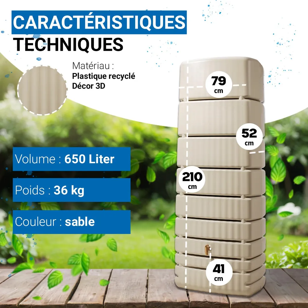 Récupérateur d'eau de pluie 650L SLIM sable 4rain avec robinet chic