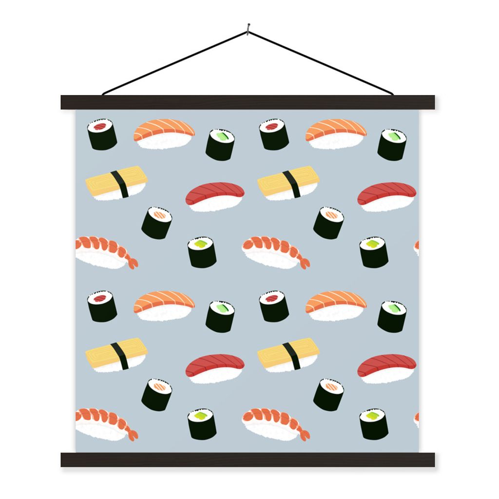 Textilposter - Sushi Illustration auf hellem Hintergrund - 40x40 cm - mit schwarzen Rahmen