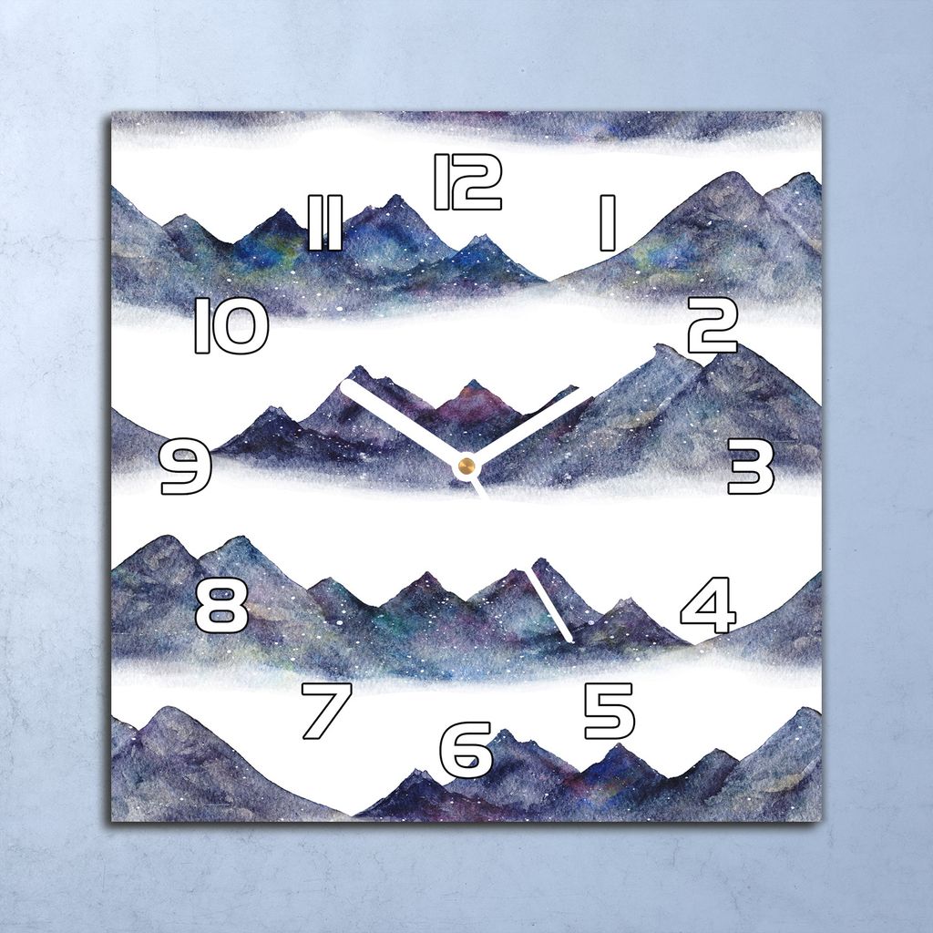Deko Glasuhr Wanduhr 30x30 Aquarell Berge blau Quarz Küchenuhr Bürouhr