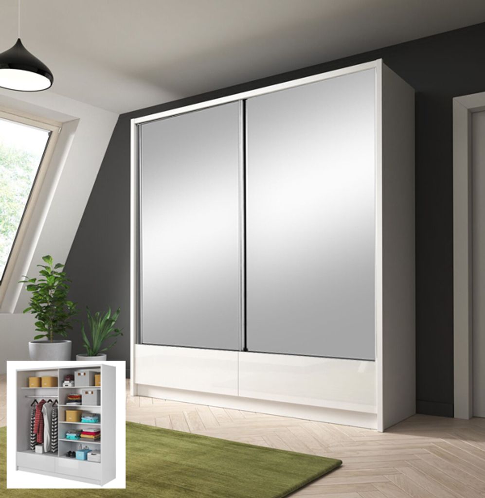 Schiebetürenschrank Schlafzimmerschrank Schubladen Spiegel weiß / weiß Hochglanz - Breite: 200-204 cm