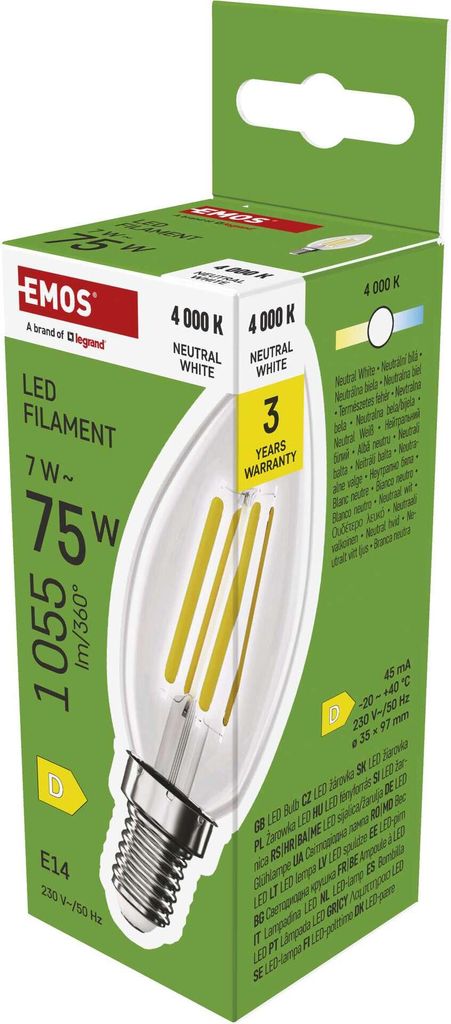 EMOS LED Lampe Edison Candle, 7W Ersatz für 75W Glühbirne, Vintage-Glühlampe mit E14 Sockel und Helligkeit 1055 lm, Neutralweiß 4000 K
