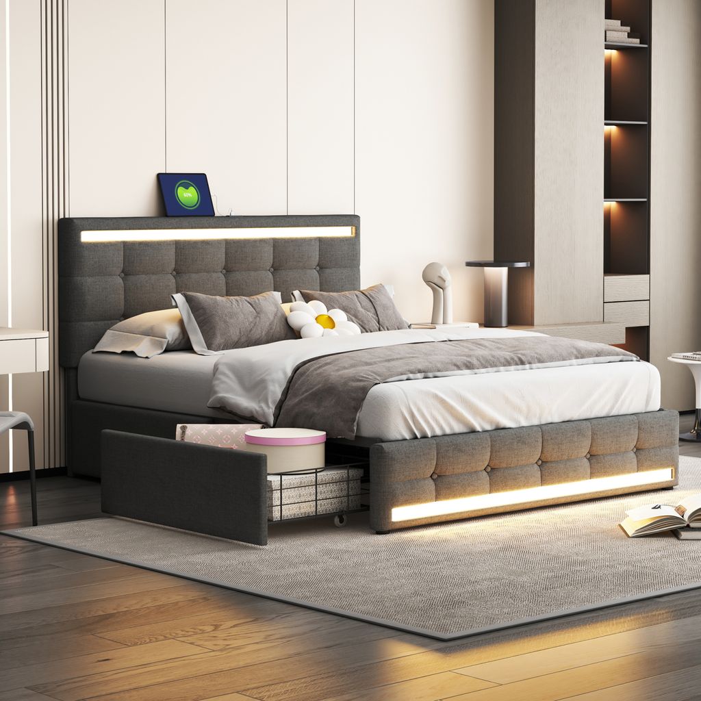 140 x 200 cm großes Bett mit Schubladen, gepolstertes Doppelbett mit Stauraum, LED-Beleuchtung, 2 USB-Ladeanschlüssen, Bett für Erwachsene, Latt...