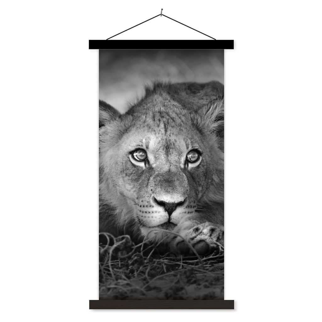 MuchoWow Textilposter Wildtiere - Löwe - Natur - Schwarz - Weiß 60x120 cm mit schwarzem Rahmen - Magnete