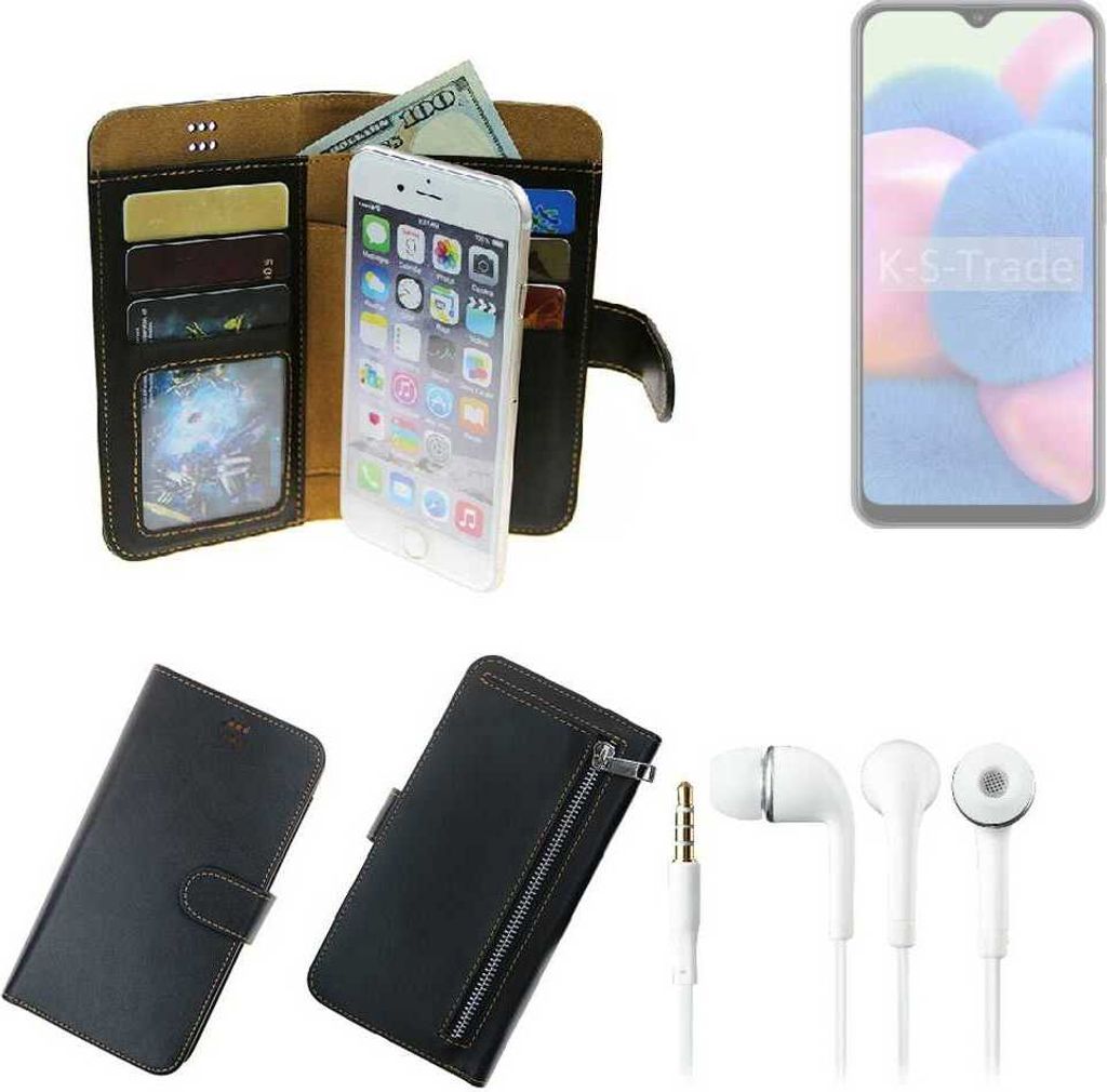 TOP SET Handy Hülle Schutz Hülle kompatibel mit Samsung Galaxy A30s schwarz aus Kunstleder + Kopfhörer Smartphone Tasche vollwertige Geldbörse