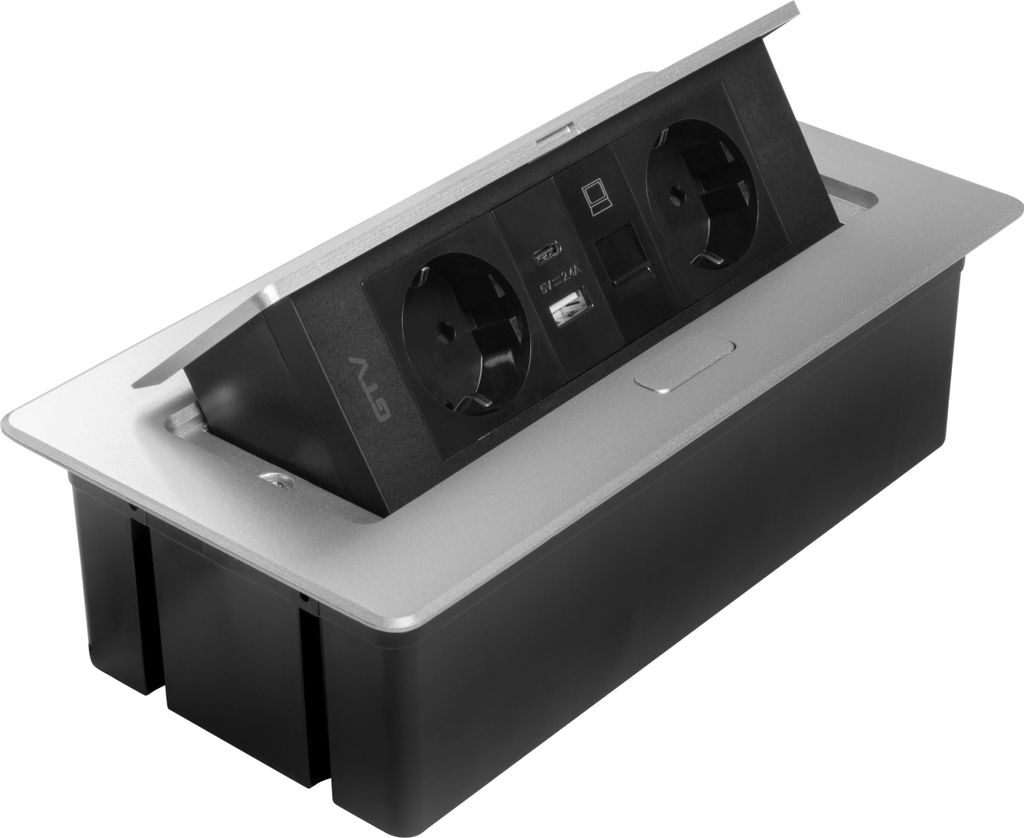 GTV - Einbausteckdose MULTISOFT aluminium mit 2x Schuko, USB A+C, RJ45, HDMI 2.0, Abdeckung, versenkbar, 1,5?m Kabel, für Schreibtisch, Konferenzt...