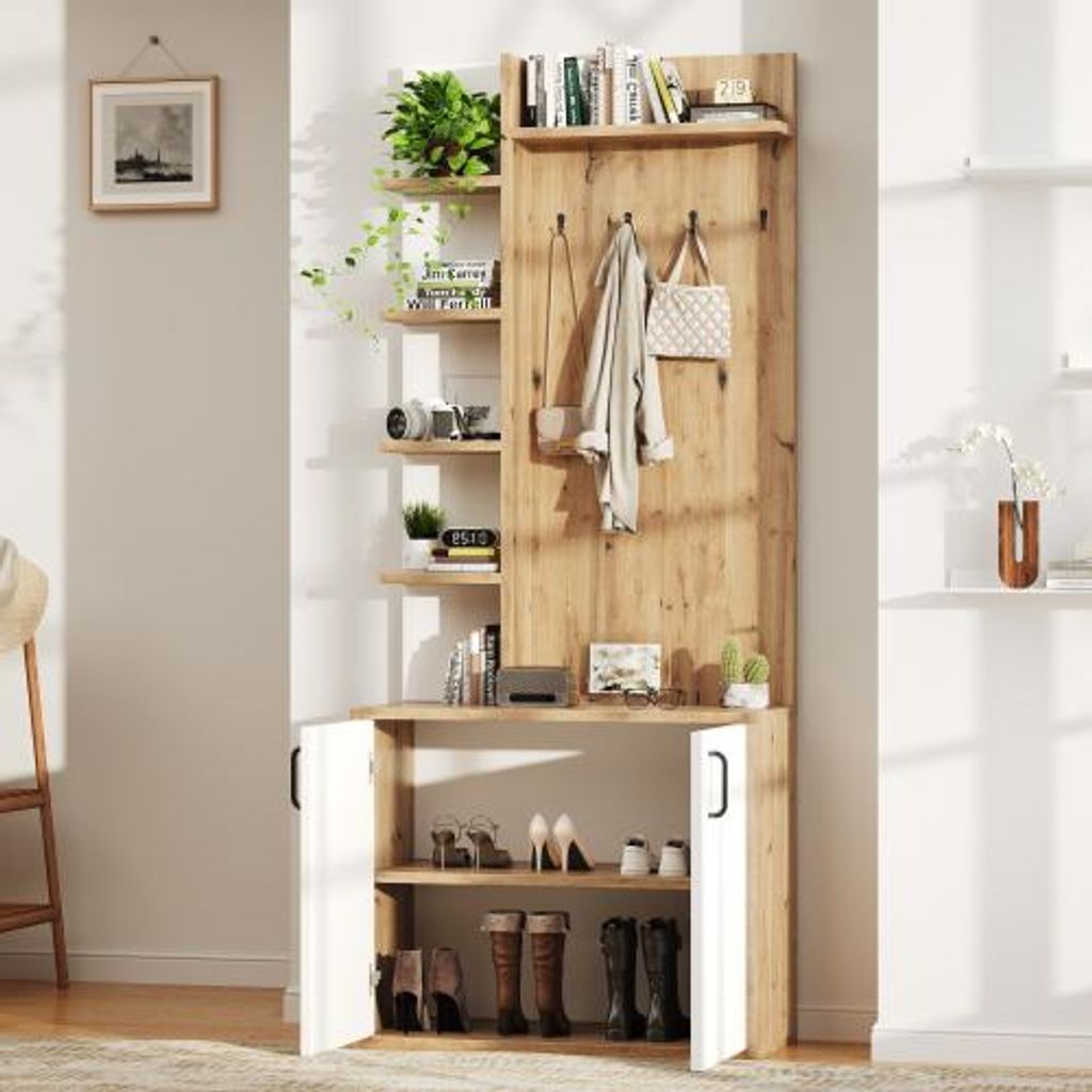 Garderobenstaender Holzfarbe Weiss 75x33x180cm Stauraumschraenken Schuhaufbewahrung 5-lagiger Kleiderhaken Flurschrank Flurschrank Flurausstattung