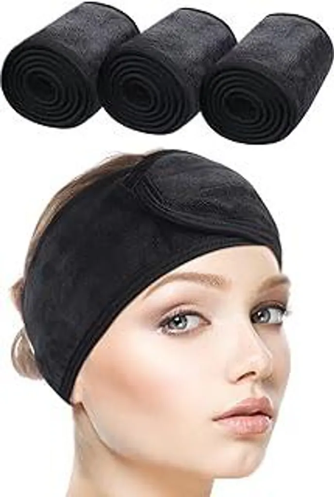 SINLAND 3 pezzi Fascia per capelli per trucco cosmetici Fascia in spugna Fascia regolabile per proteggere i capelli con chiusura in velcro per viso sport yoga spa Nero