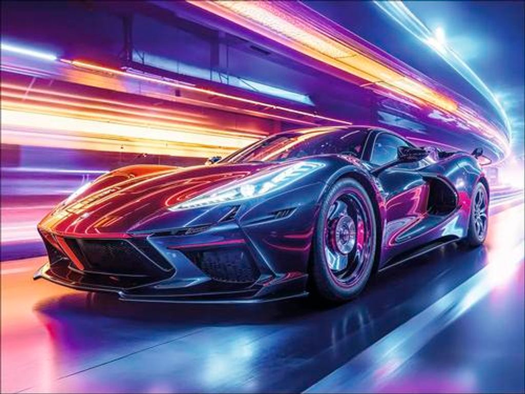 Modernes Glasbild als Wanddekoration, Motiv Neon Car I, 60x80 cm Querformat