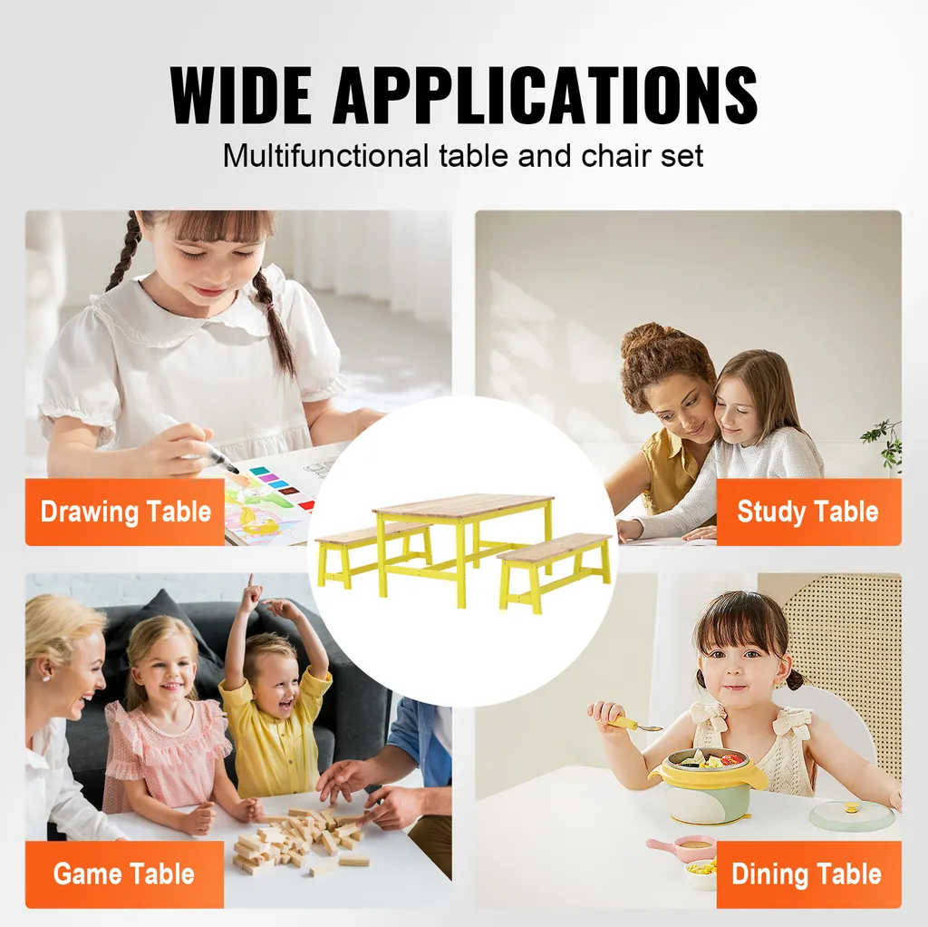 Table Enfant en Bois avec Bancs Robustes - Ensemble 3 Pièces Multi-activités