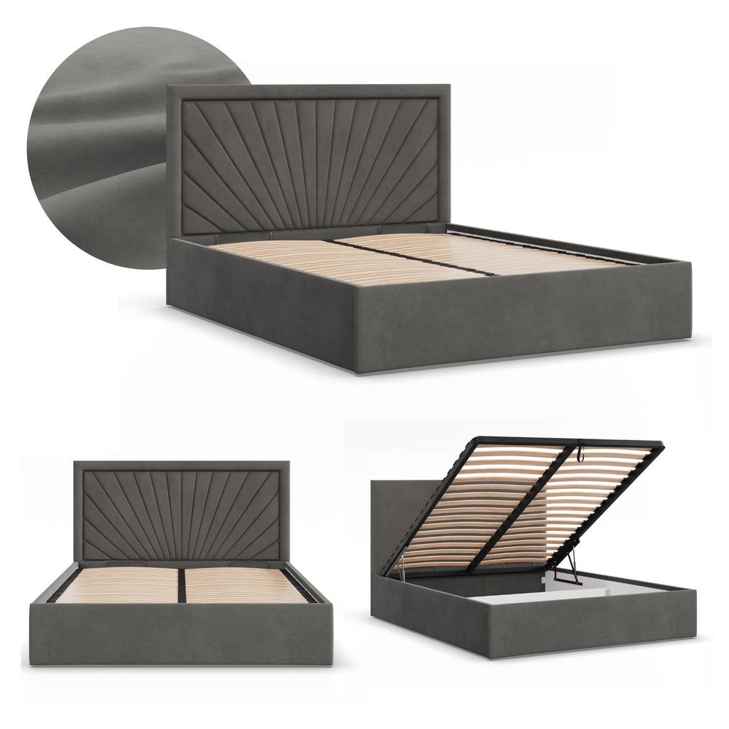 Polsterbett 180x200 cm – Stauraumbett mit Bettkasten, hochklappbar, stabiles Doppelbett mit dekorativem Kopfteil, Samt Grau Dunkelgrau VASTO 180 ...
